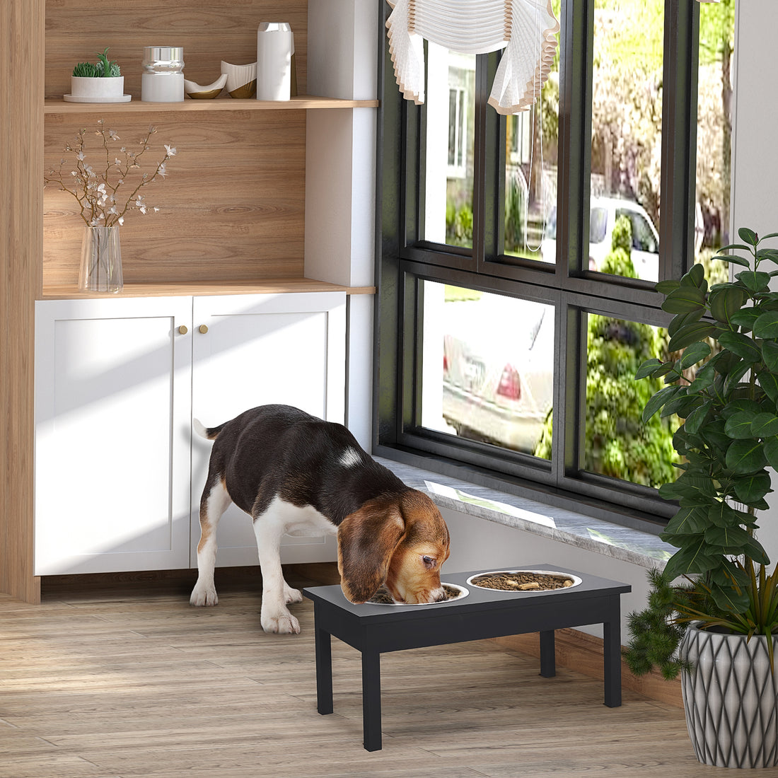 Wooden Elevated Dog Feeder with Stainless Steel Bowls