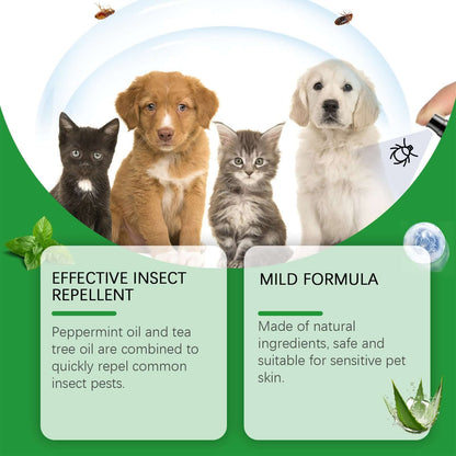 Spray antiparasitaire naturel pour chiens et chats, répulsif efficace avec ingrédients naturels, adapté aux peaux sensibles.