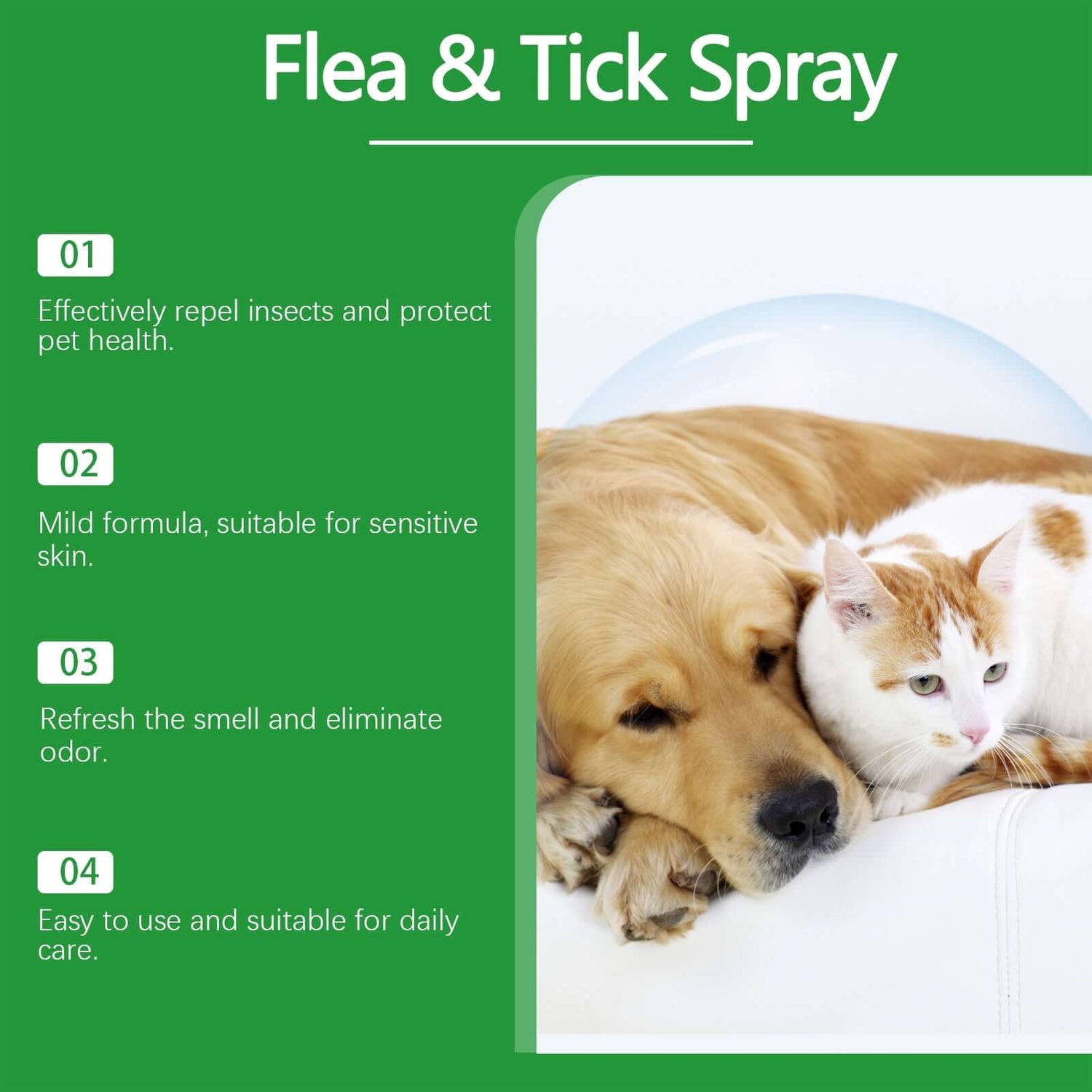  spray antiparasitaire naturel pour chiens et chats avec un chiot et un chaton, protégeant la santé des animaux des parasites.