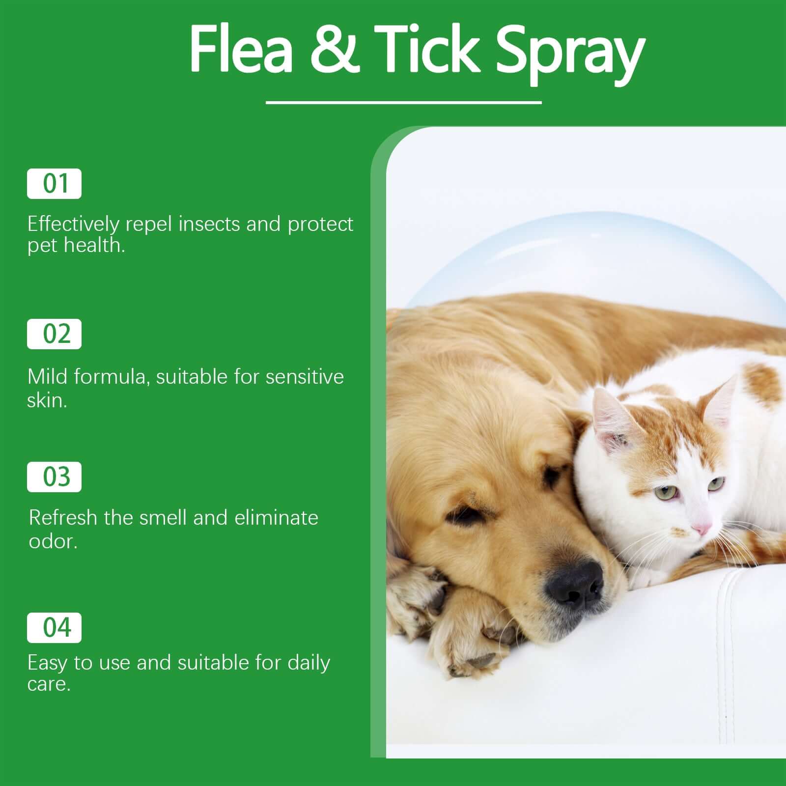  spray antiparasitaire naturel pour chiens et chats avec un chiot et un chaton, protégeant la santé des animaux des parasites.