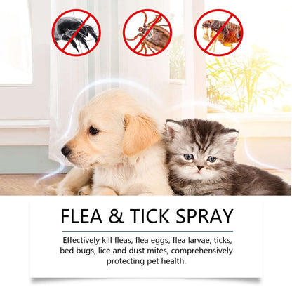 spray antiparasitaire naturel pour chiens et chats avec un chiot et un chaton, protégeant la santé des animaux des parasites.
